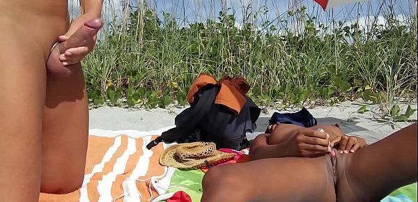  Public beach jerk off. Big cumshot on Aisanippie. Voyeurstyle.